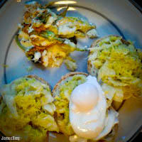 Squash blossoms baked with ricotta, oregano, egg, and honey; Pugliese bread topped with sauerkraut (homemade!) and carrot slaw and poached egg